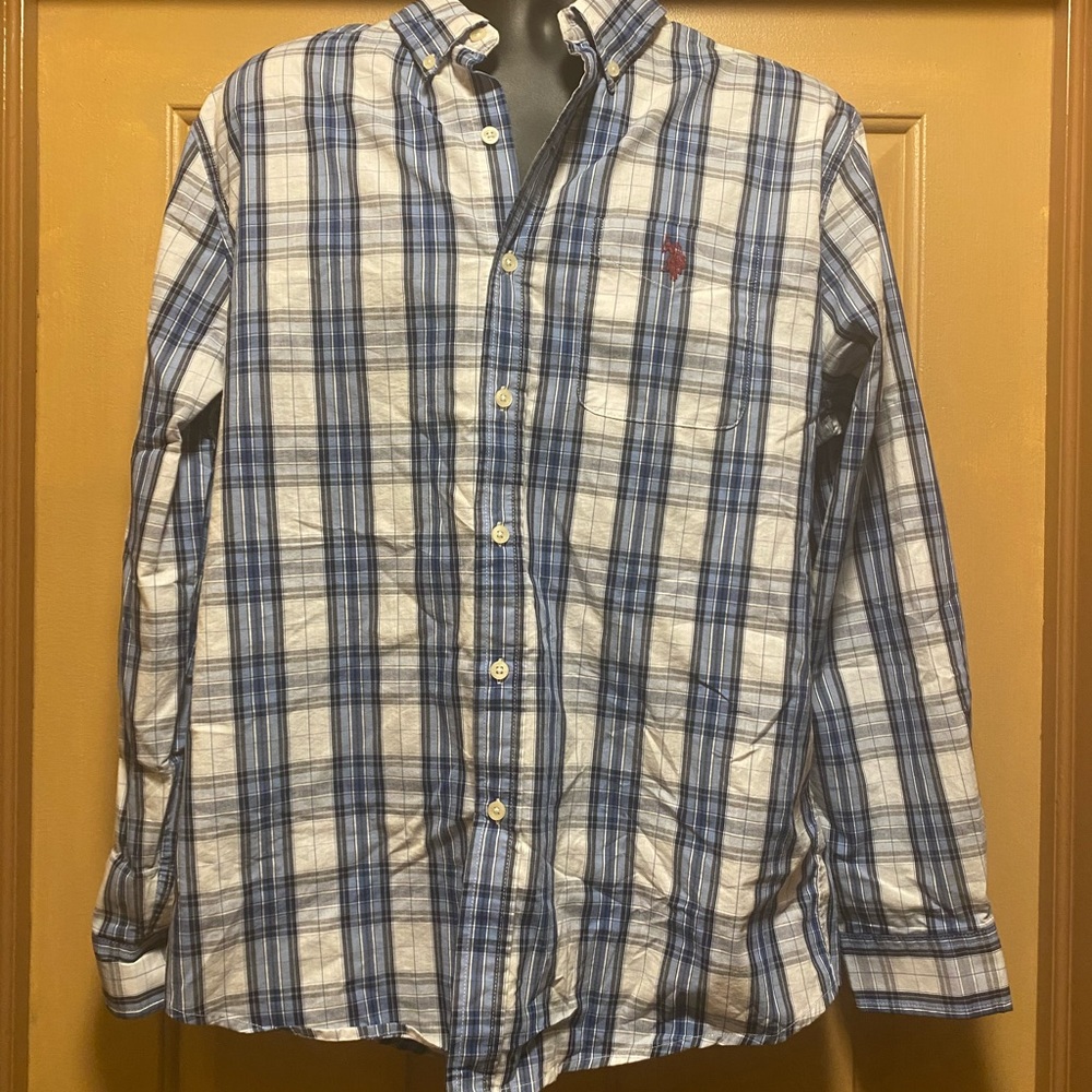 Mens US POLO ASSN blue/ white plaid button down casual shirt sz L